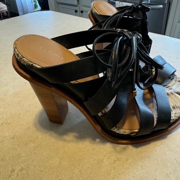 Calvin Klein Penelope Stacked Wood Heel w/ Ankle Tie - Black and Snake Skin - Picture 2 of 6